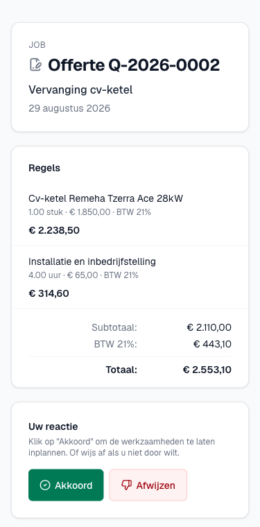 de offertepagina met de regels en het totaal
