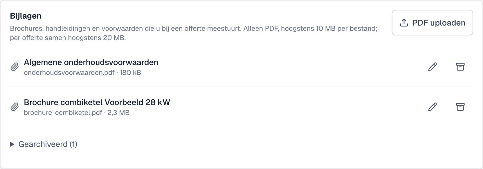 De kaart Bijlagen met twee PDF's en de knop PDF uploaden