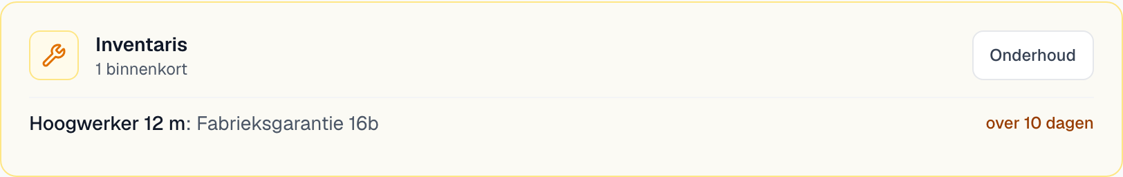 De kaart Inventaris op het dashboard met een garantie die binnenkort afloopt