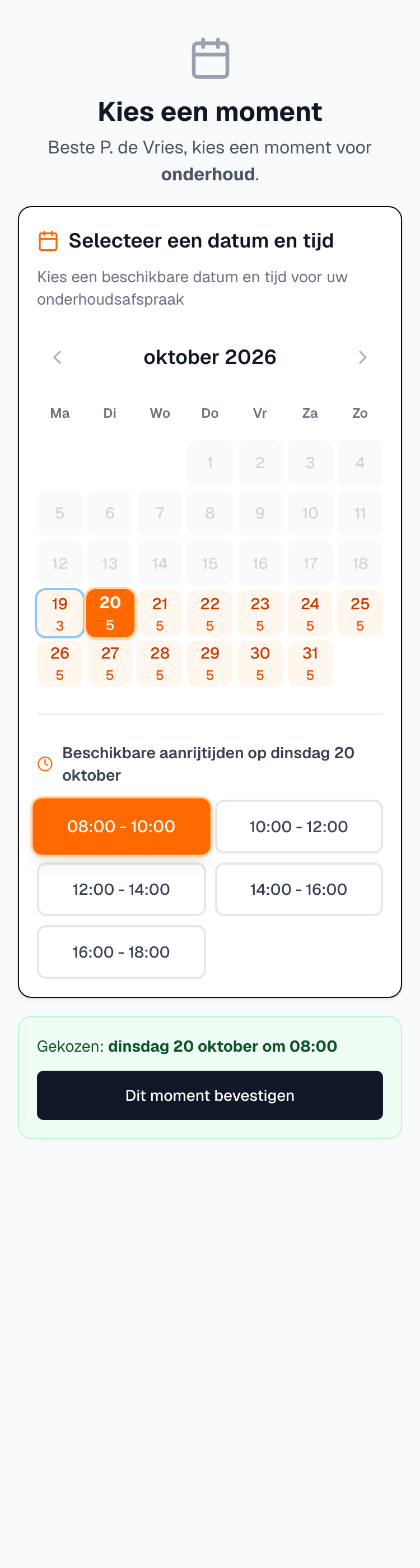de kalender met een gekozen dag en tijd en de knop Dit moment bevestigen