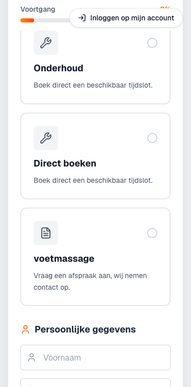 het boekingsformulier met de dienstkaarten bovenaan