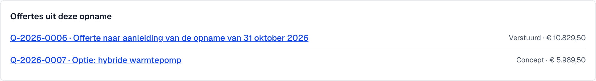 Het blok Offertes uit deze opname op de werkbon met twee offertes