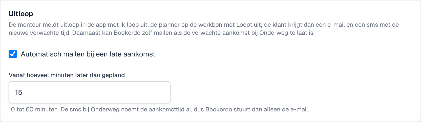 De kaart Uitloop met automatisch mailen en de drempel in minuten