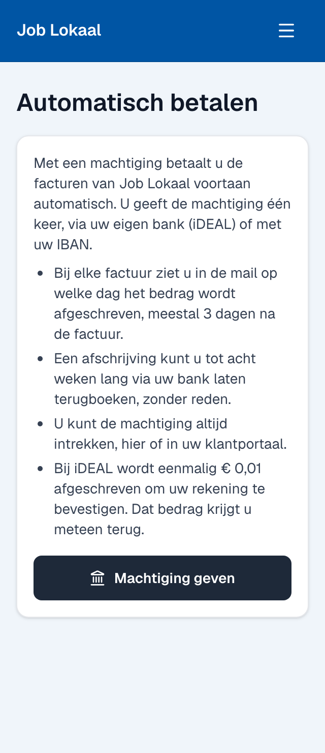 de pagina Automatisch betalen in het portaal op een telefoon, met de uitleg en de knop Machtiging geven