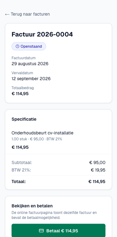 de factuurdetails met de knoppen onder Bekijken en betalen