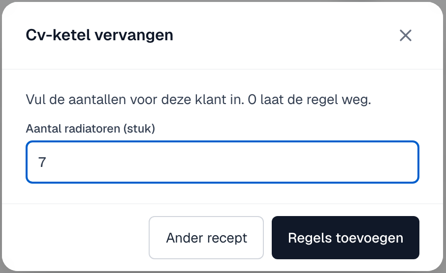 Het venster Uit recept met de vraag Aantal radiatoren
