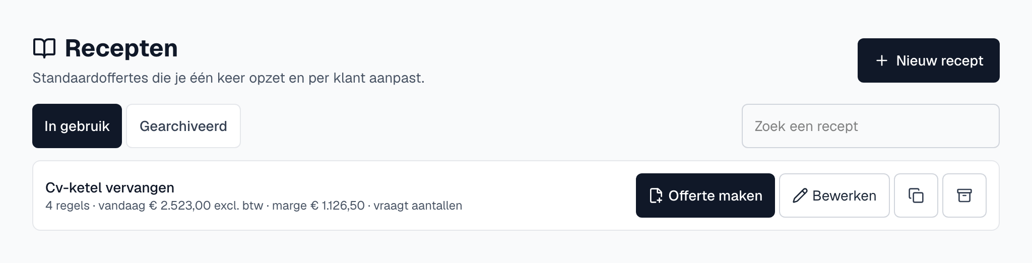 De lijst Recepten met de prijs van vandaag, de marge en de knop Offerte maken