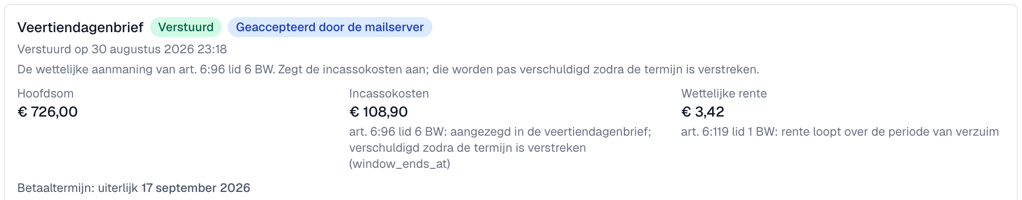 de bedragen Hoofdsom, Incassokosten en Wettelijke rente bij een verstuurde brief