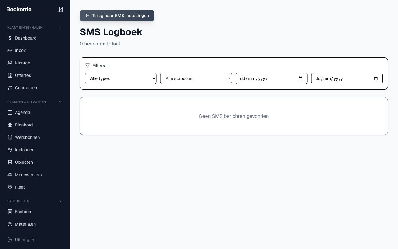 het logboek met filters en statusbadges