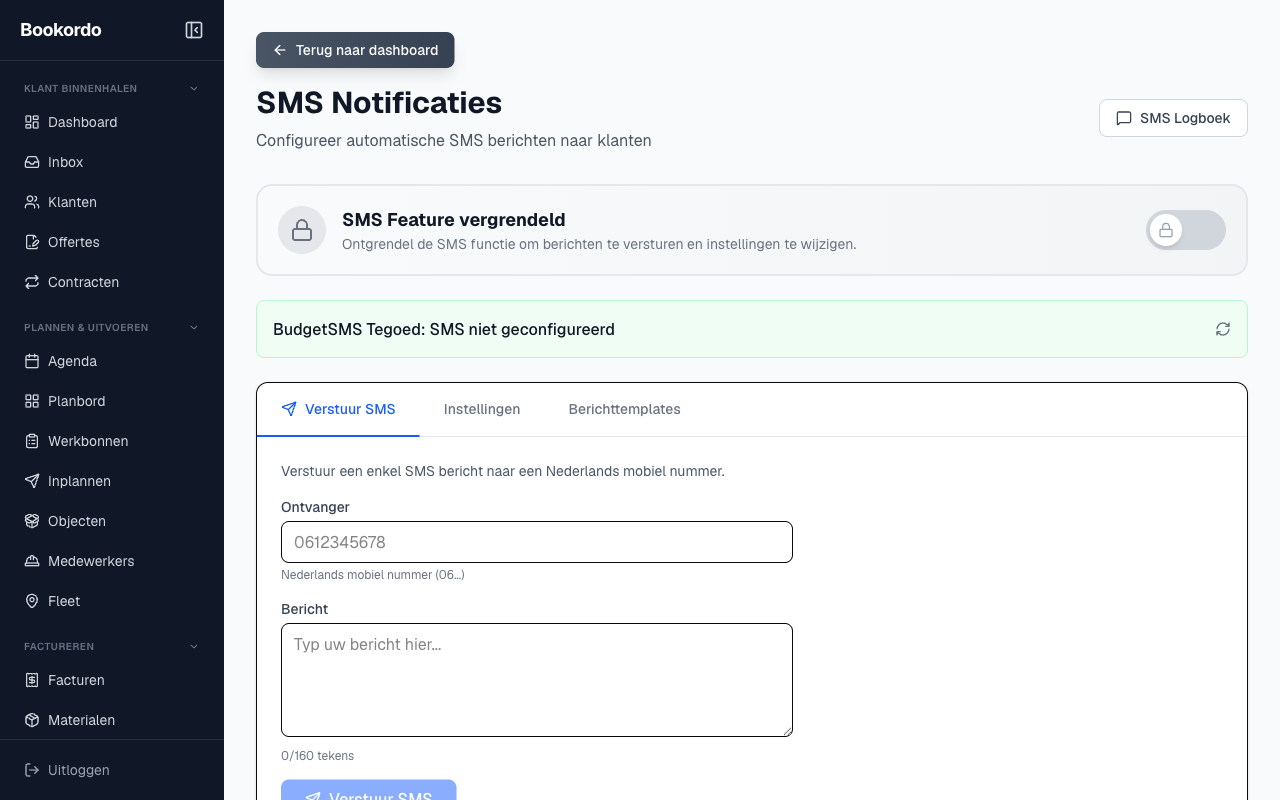 de SMS-pagina met de schakelaar en het tegoed bovenin