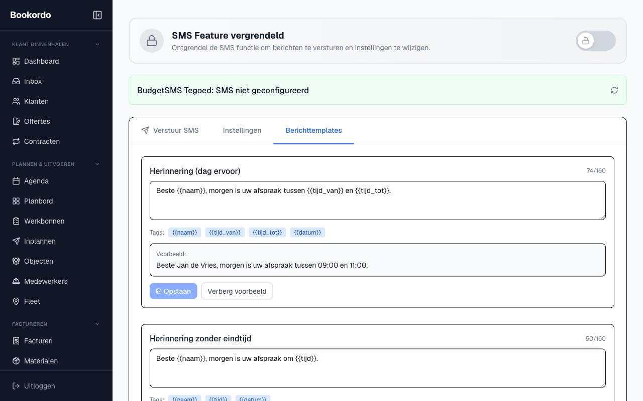 de tab Berichttemplates met een template, variabelen en het voorbeeld