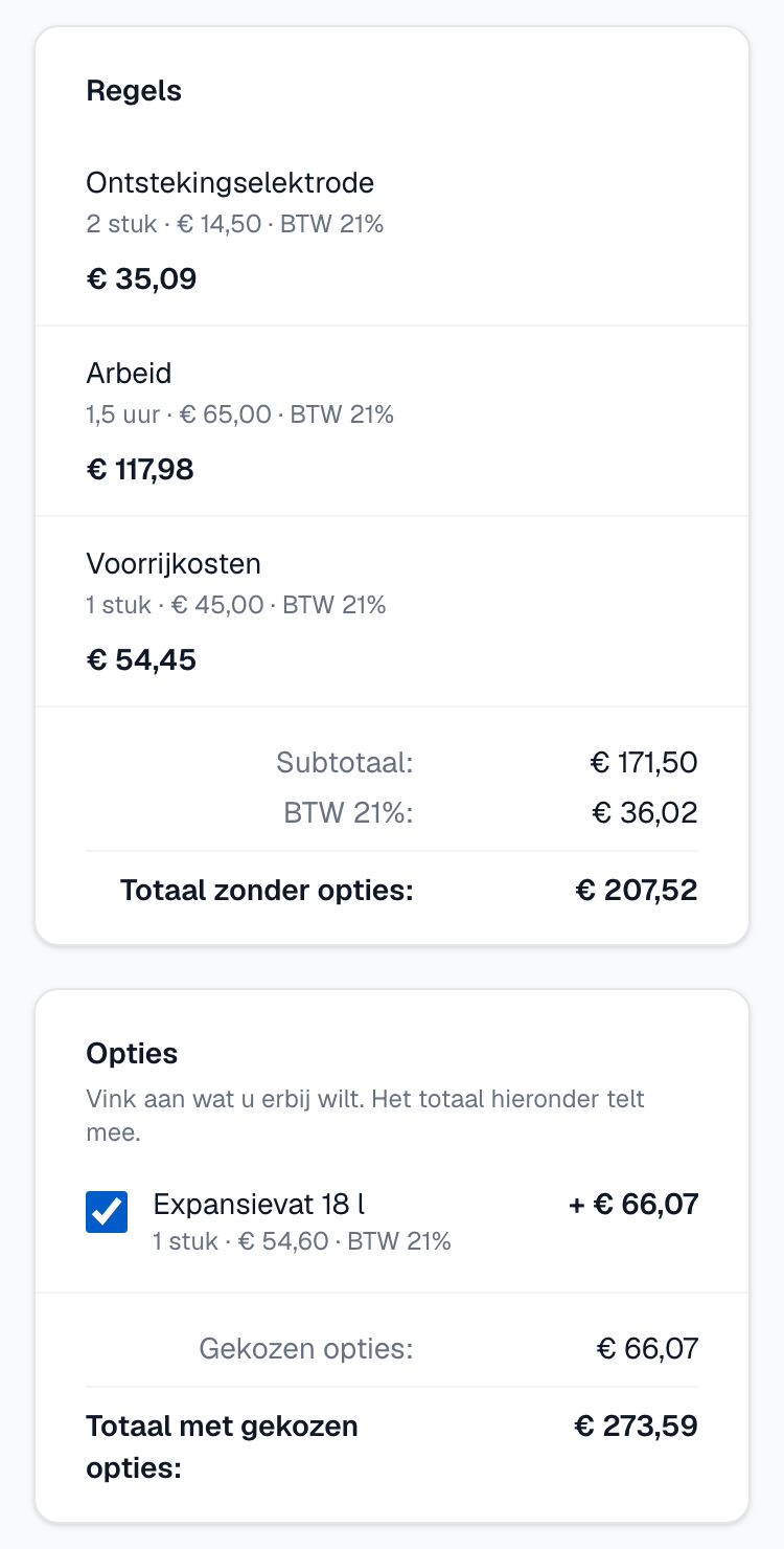 De offertepagina van de klant met twee opties en het totaal met gekozen opties