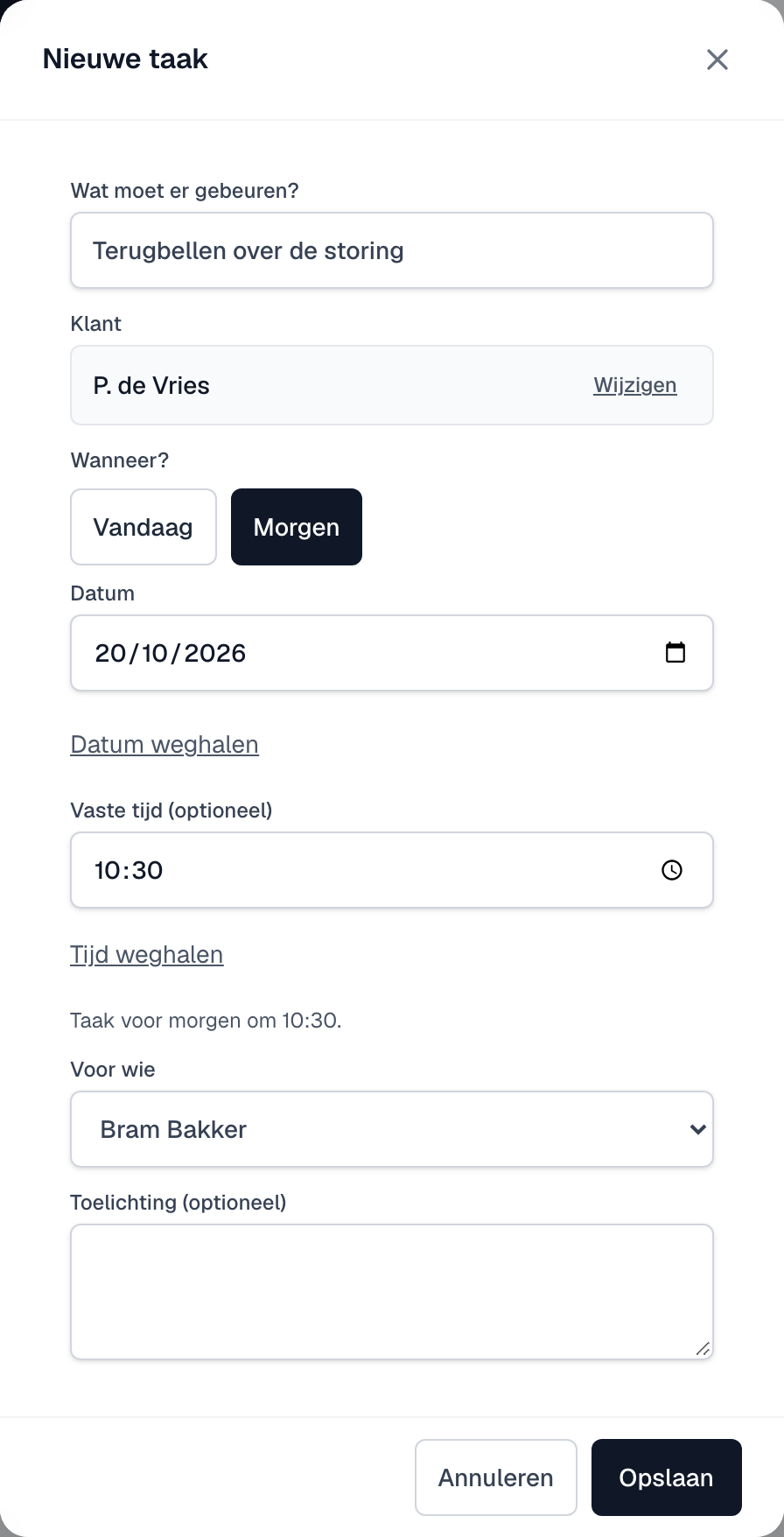 Het venster Nieuwe taak ingevuld met klant, datum, tijd en monteur