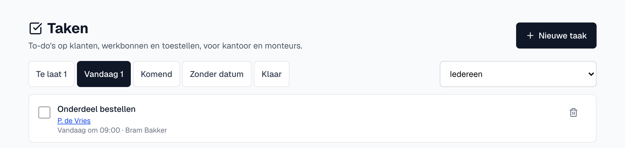 De pagina Taken met de tabbladen en een taak voor vandaag