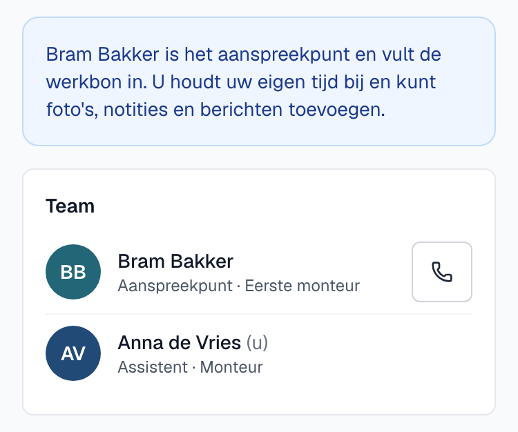 De opdracht in de app van een assistent met de uitleg over het aanspreekpunt en het blok Team