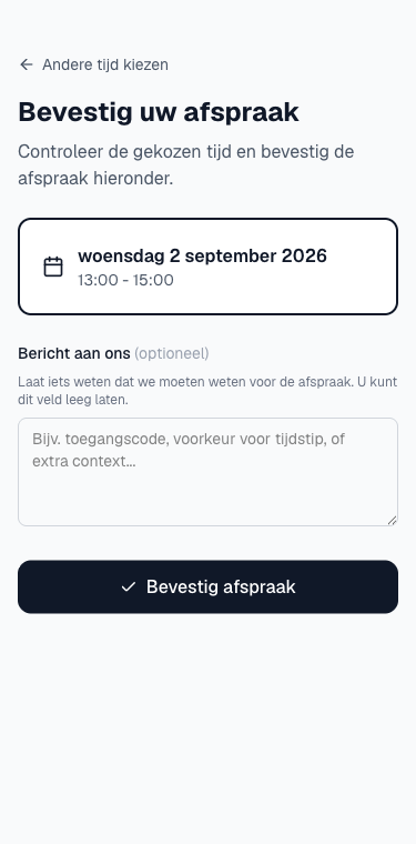 het bevestigingsscherm met de knop Bevestig afspraak
