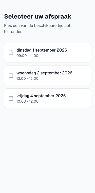 de pagina met de voorgestelde tijdslots
