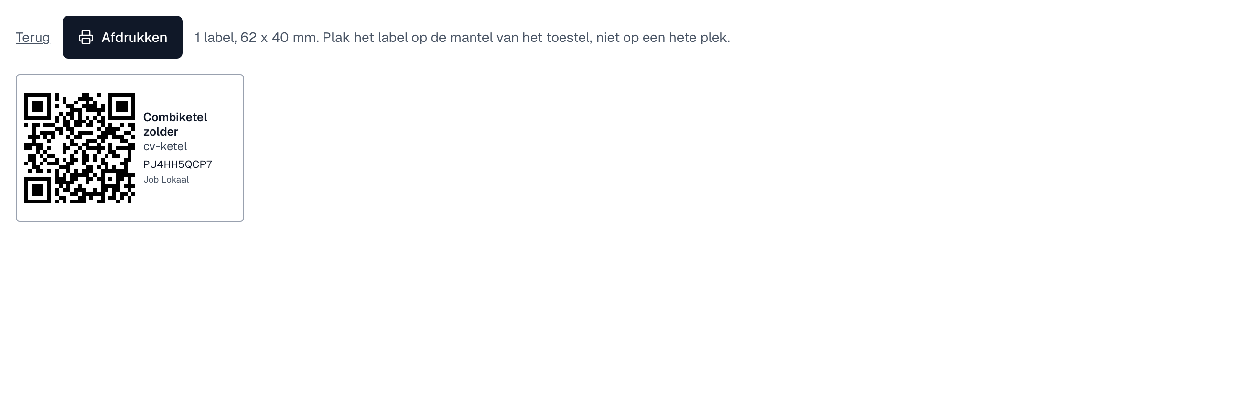 de afdrukpagina met een label met QR-code, naam, type, code en bedrijfsnaam
