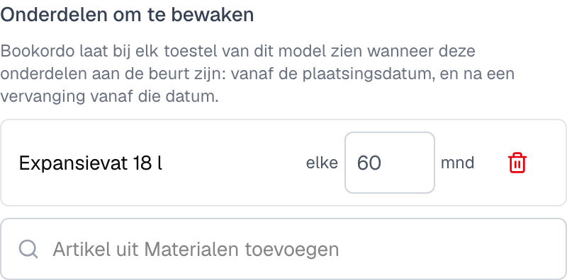 het blok Onderdelen om te bewaken in het venster Model bewerken, met een artikel en het interval in maanden