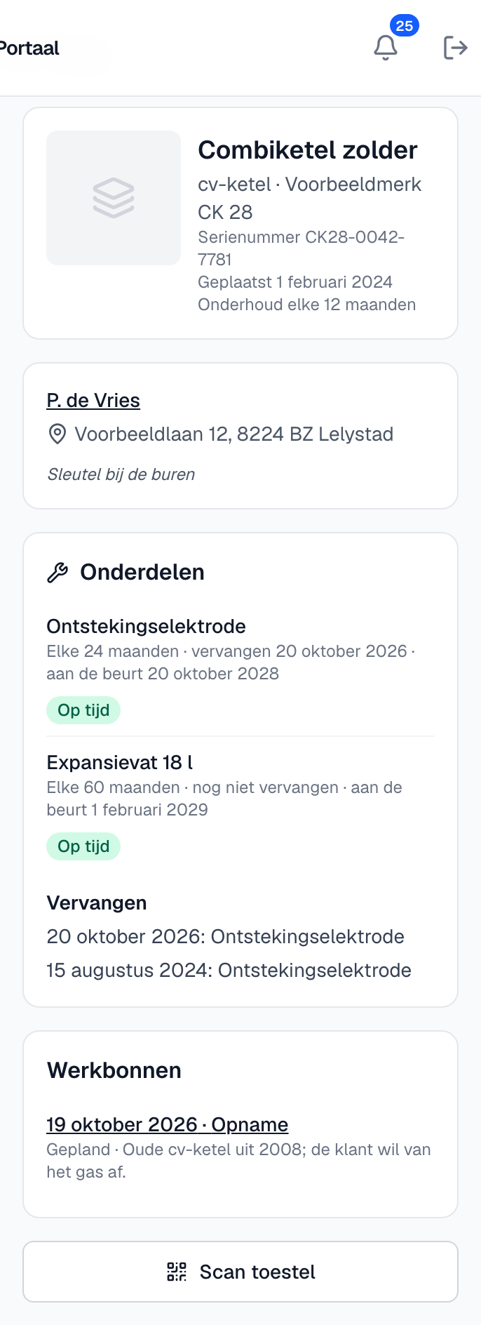 het toestel in de app met de gegevens, de klant, de onderdelen met hun status en de werkbonnen