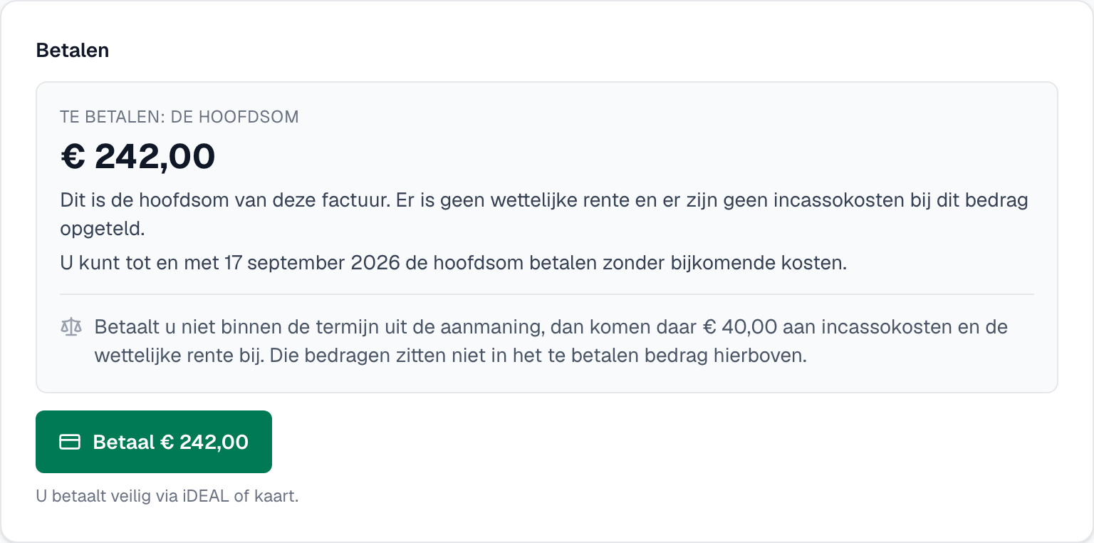 de online factuurpagina met alleen de hoofdsom als te betalen bedrag tijdens de lopende termijn