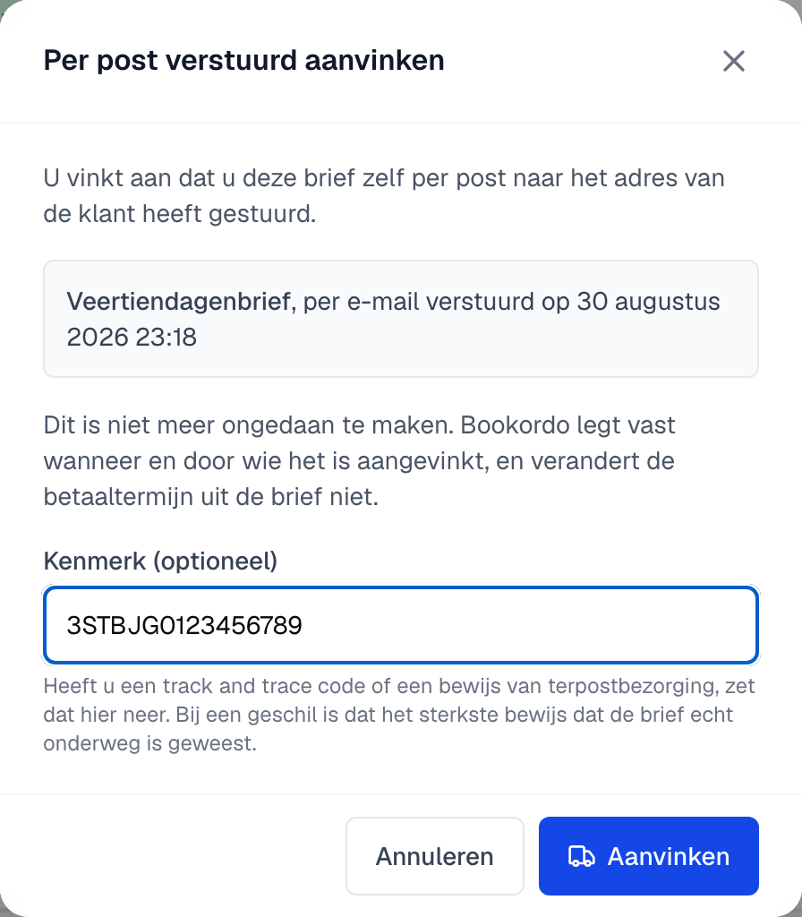 het venster Per post verstuurd aanvinken met het veld Kenmerk