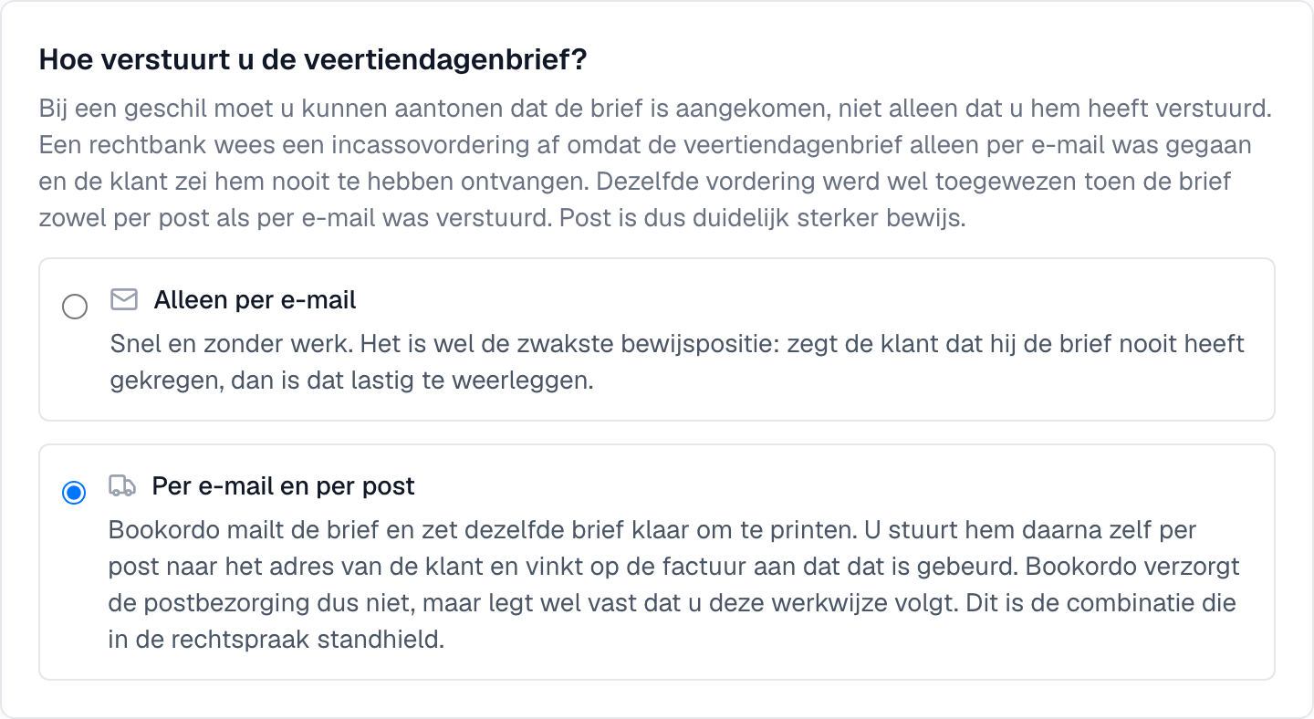 de keuze tussen Alleen per e-mail en Per e-mail en per post