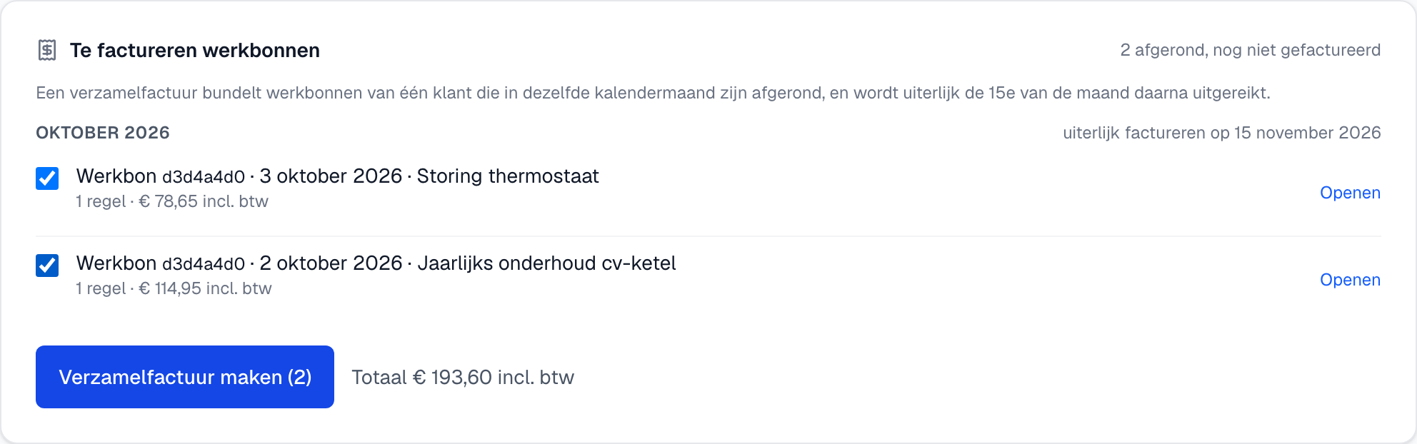 De sectie Te factureren werkbonnen op de klantkaart met twee aangevinkte werkbonnen en de knop Verzamelfactuur maken