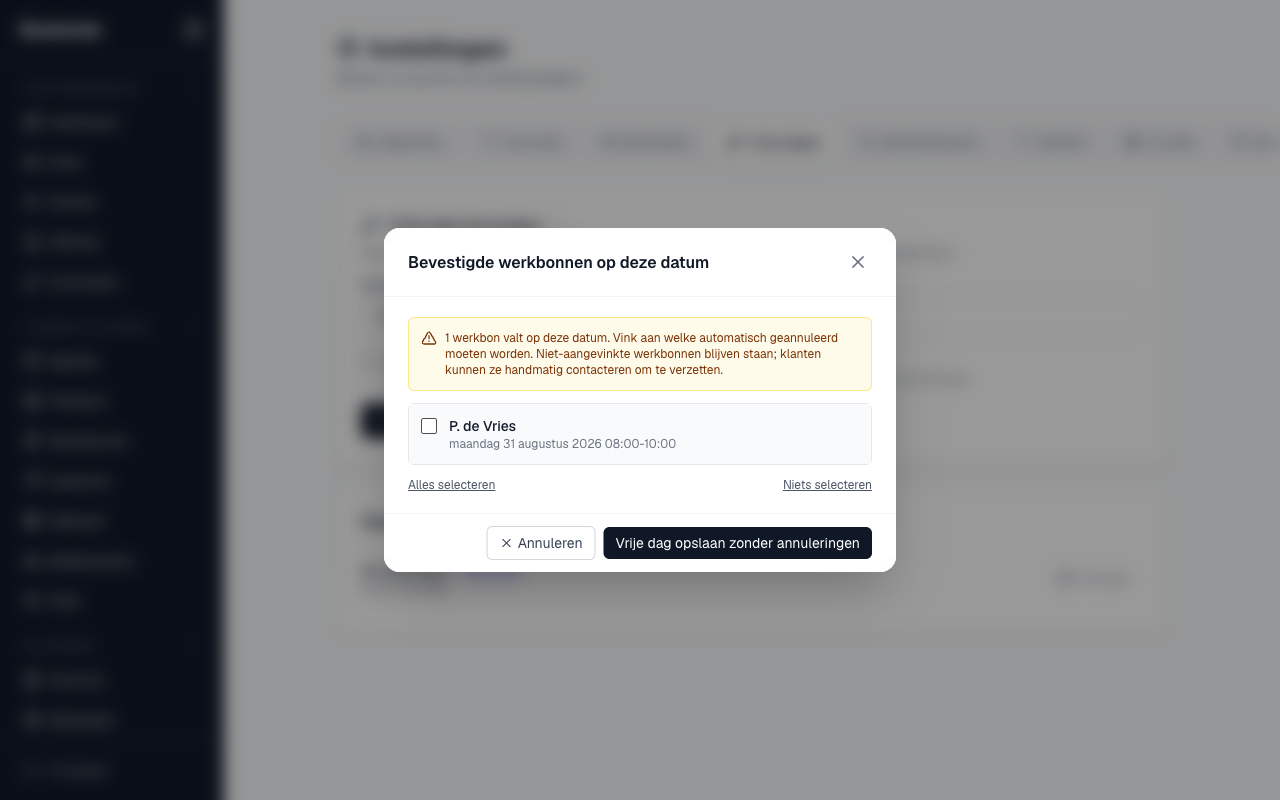 het venster met bevestigde werkbonnen en de twee keuzeknoppen