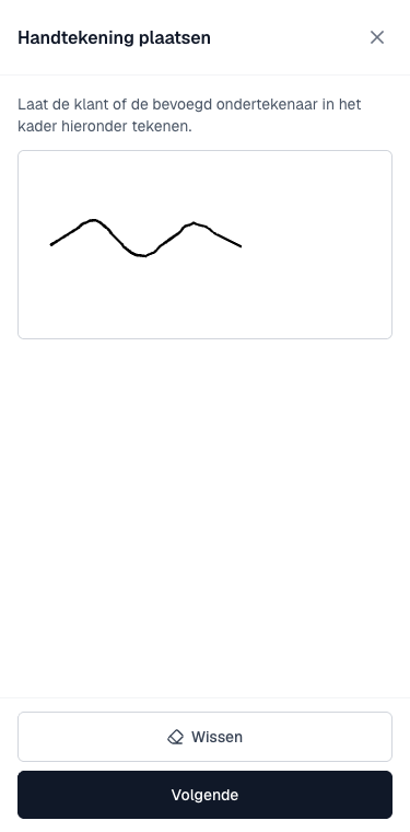 het tekenvlak voor de handtekening op een telefoon met de knoppen Wissen en Volgende
